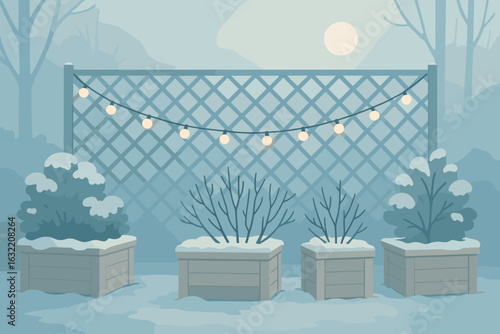 Winter evening in a snowy garden with twinkling lights and bare plants under a full moon