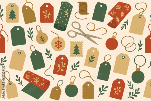 Creative holiday gift wrapping supplies arranged on a festive background featuring tags, ornaments, and crafting tools