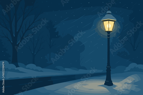 Winter night scene with a glowing street lamp illuminating a snowy path and trees in a quiet park