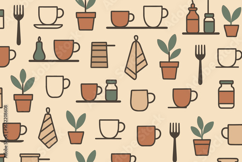 Decorative pattern featuring plants, kitchen items, and tableware on a neutral background