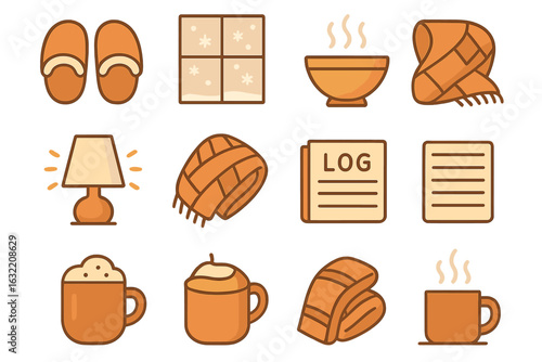 Cozy winter essentials featuring warm drinks, blankets, and slippers for a relaxing indoor experience