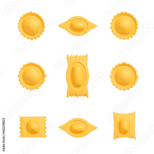  Flat vector, Set of ravioli in different shapes, isolated on  transparent background