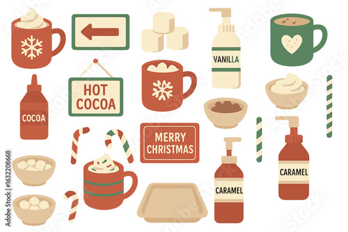 Warm holiday drinks and treats featuring cocoa, marshmallows, and festive decor during Christmas season