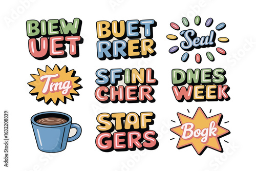 Colorful word art stickers coffee mug design elements