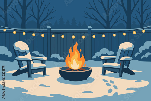 Cozy winter evening by the fire pit with snow-covered chairs and twinkling lights in a backyard setting