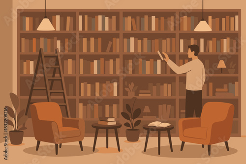 Cozy reading nook in a warm-toned library with comfortable seating and tall bookshelves