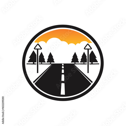 Road Through Forest Trees, Traffic Signpost, Sunset Sky Illustration Graphic Design Icon Vector, Transportation, Travel