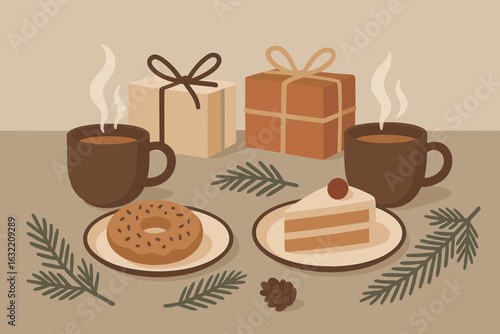 Warm beverages, dessert, and presents arranged on a cozy table during winter festivities at home