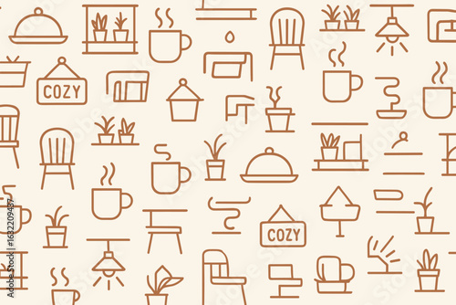 Cozy interior design elements featuring coffee cups, plants, and furniture for a warm atmosphere
