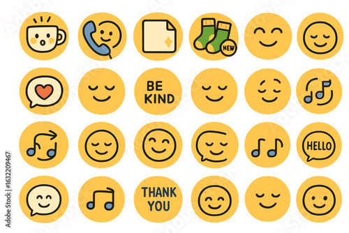 Collection of cheerful and uplifting icons representing positive emotions and friendly interactions in a minimalist design