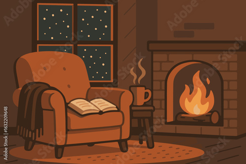 Comfortable reading nook by the fireplace on a cozy winter evening with a warm drink and a book