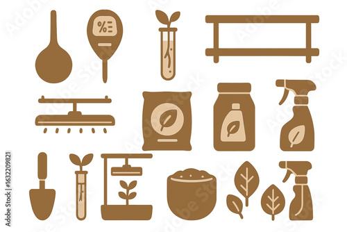 Gardening tools and supplies arranged on a flat surface for plant care and cultivation strategies