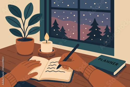 Cozy evening of planning by the candlelight with a window view of a winter landscape