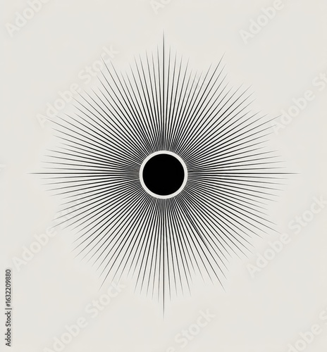 Abstract circular design with radiating lines.  Dark lines emanate from a central black disc, creating a starburst pattern