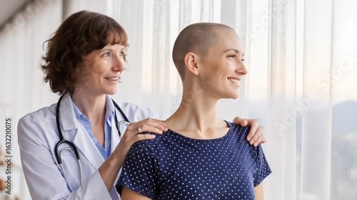 Smiling Caucasian doctor or nurse support comfort millennial woman struggle with oncology. Happy GP and optimistic female cancer patient look in distance dream of illness recovery or remission