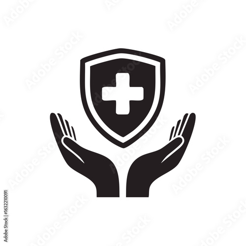Hands holding a shield with medical cross symbol for health insurance and protection concept