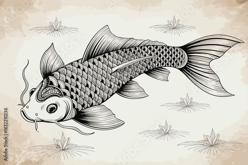 A playful cartoon illustration of a fish caught on a fishing hook, capturing a moment of marine wildlife in the ocean
