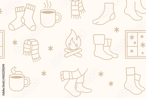 Cozy winter patterns featuring socks, mugs, and fireside elements for a warm, inviting atmosphere