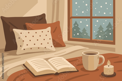 Cozy winter morning with warm beverage, open book, and serene snowy view from the bedroom