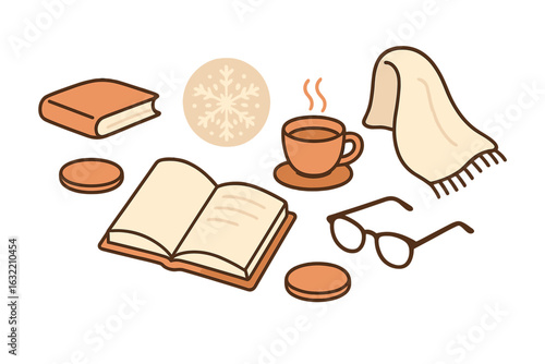 Cozy winter evening with a book, hot beverage, and warm accessories in a comfortable setting