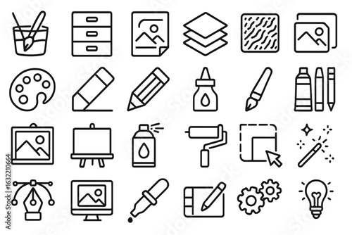 Creative workspace with art supplies and design tools for graphic artists