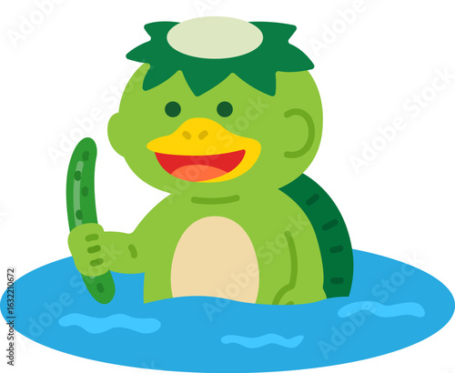 川に入った、河童のキャラクターのイラスト