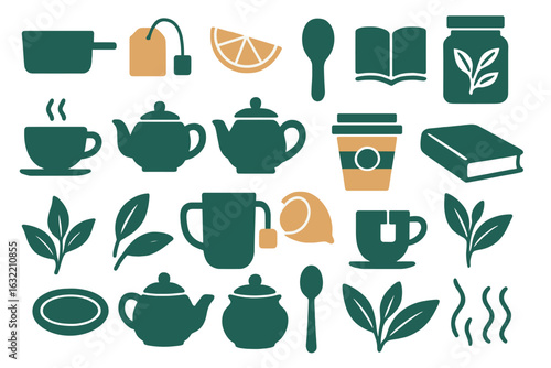 Collection of tea-related icons featuring various teapots, cups, leaves, and accessories for a cozy tea experience