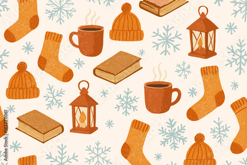 Cozy winter pattern featuring warm accessories and comforting elements for a seasonal aesthetic