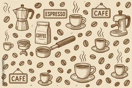 Coffee elements include espresso, cups, and beans with a relaxed cafe atmosphere in a cozy setting