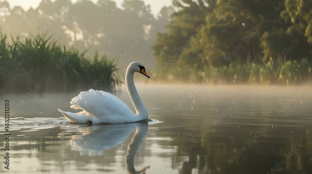Fototapeta premium Peaceful Swan on Misty Morning Lake