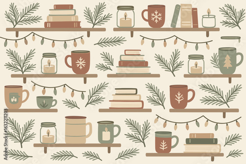 Cozy display of books, mugs, and candles arranged on shelves with greenery and festive lights in a warm setting