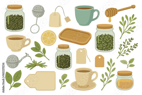 Herbal tea preparation scene with various ingredients and tools displayed on a clean background