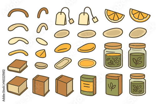 Selection of various tea elements, snacks, and jars of herbs displayed in a simple and colorful arrangement on a plain background