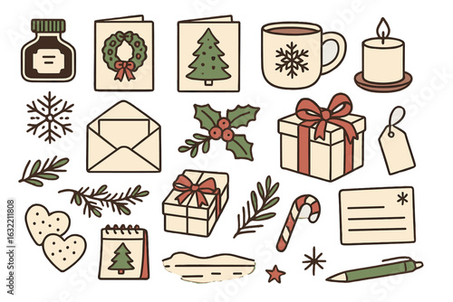 Festive holiday decorations and symbols for seasonal celebrations displayed together on a white background