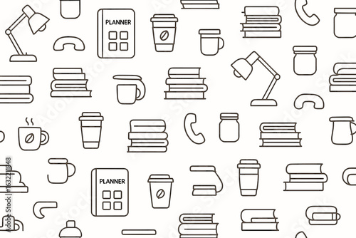 Background pattern featuring office supplies, books, and coffee cups in a minimalistic design ideal for study or work environments