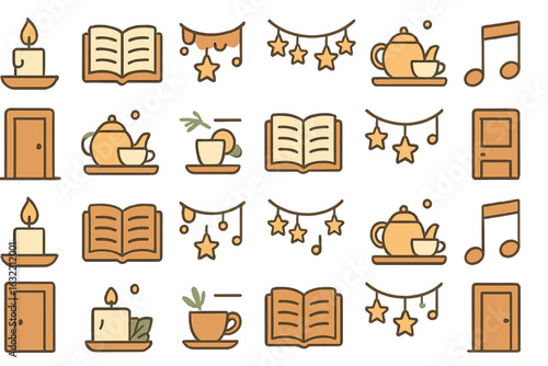 Cozy collection of illustrated elements for a warm and inviting atmosphere in a home setting
