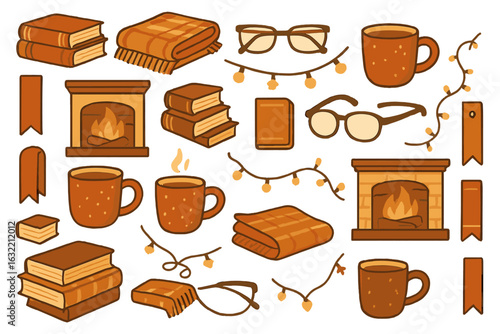 Cozy autumn gathering with books, mugs, and warm blankets in a comfortable indoor setting