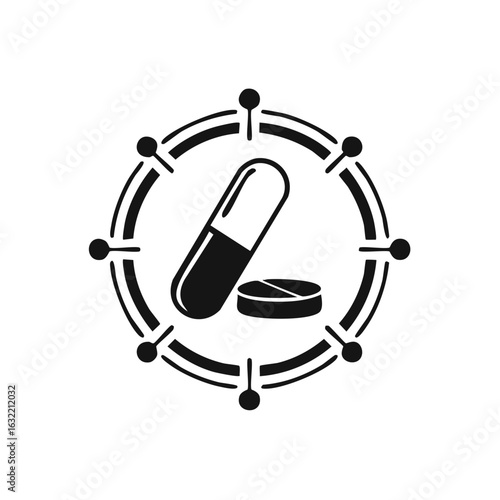 Conceptual icon of antiretroviral therapy for HIV with a capsule and tablet inside a stylized virus cell