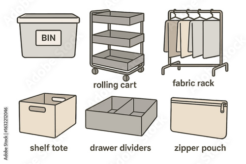 Organizing household items in a versatile storage setup with bins, carts, and pouches for efficient space management