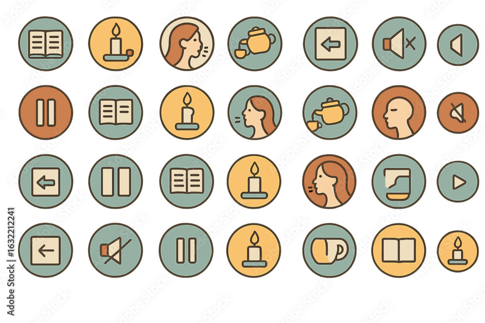 Collection of simple icons illustrating various actions and concepts related to books, sound, and relaxation Collection of simple icons illustrating various actions and concepts related to books, sound, and relaxation