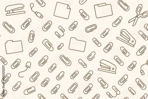 Creative stationery pattern featuring office supplies on a light background, ideal for design projects and backgrounds