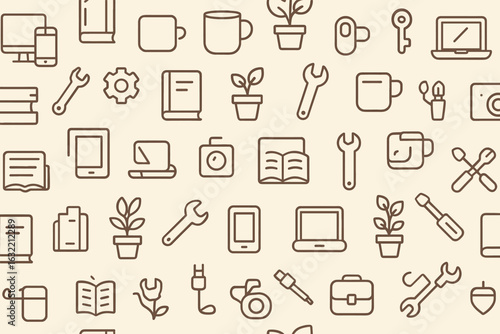 Collection of simple line icons showcasing tools, plants, and electronic devices arranged in a neat grid pattern