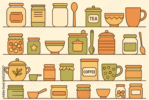 Colorful kitchen pantry shelves filled with jars, teacups, and kitchen tools creating a cozy atmosphere