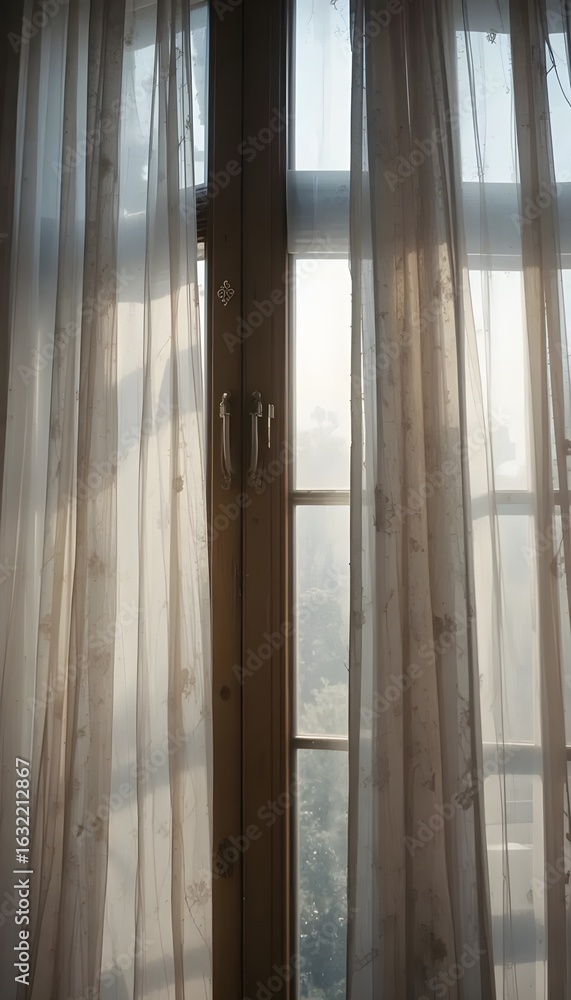 Fototapeta premium Artistic image of translucent fabric hanging in front of a bright window, sunlight diffusing throungh the material, dreamy soft focus, cinematic tone.