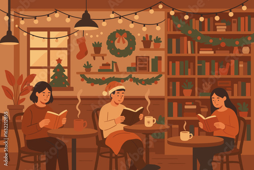 Cozy winter gathering in a warm cafe with friends enjoying books and festive decorations