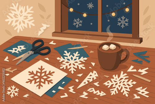 Winter craft activity with cut paper snowflakes and hot chocolate on a cozy table