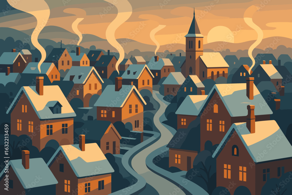 Fototapeta premium Snow-covered village during sunset with smoke rising from chimneys and a church steeple in the background