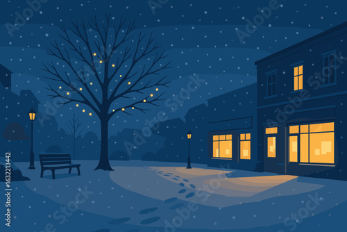 Quiet snowy evening in a town square with softly glowing windows and a decorated tree
