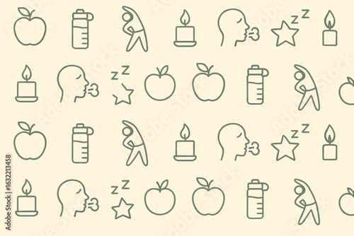 Pattern of simple line art depicting health, wellness, and relaxation activities on a light background