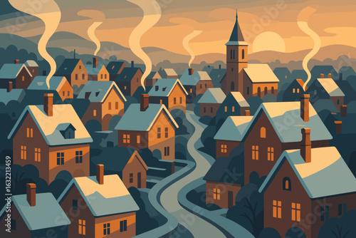 Snow-covered village during sunset with smoke rising from chimneys and a church steeple in the background